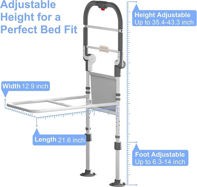 Bed Rails for Elderly Adults Safety Foldable Bed Assist Rail with Adjustable Height, Non-Slip Handle, Motion Sensor Light & Storage Pouch, Fits King Queen Full Twin Beds, Supports 350 LBS