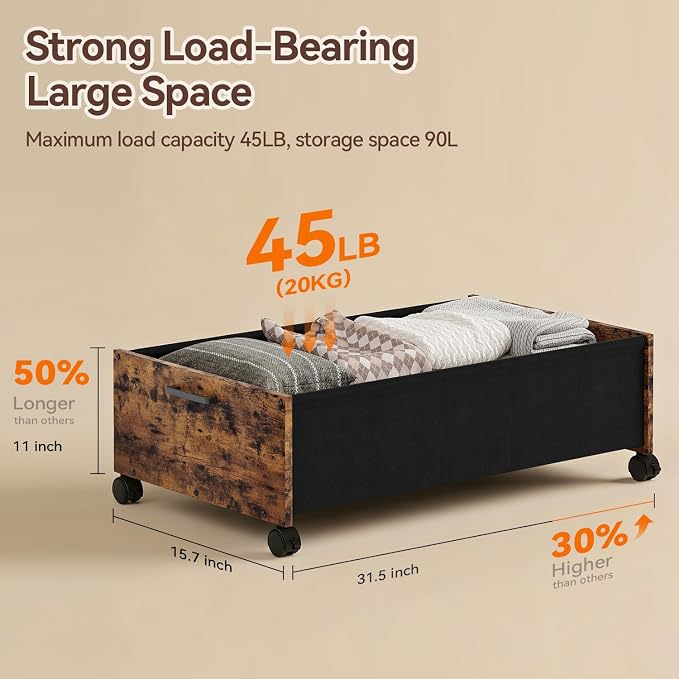 FOUCSSOMEI Under Bed Storage with Wheels, Wooden Under Bed Drawers On Wheels, Rolling Under Bed Shoe Storage, Space Saving, Rustic Brown,90L