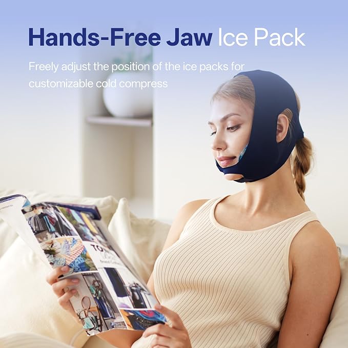 samply Wisdom Teeth Ice Pack Head Wrap with 4 Reusable Gel Cold Packs, Adjustable Face Ice Mask for Jaw & Cheek, Cold Compress, Navy Blue