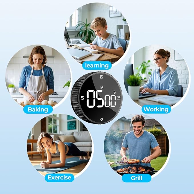 Magnetic Kitchen Timer for Cooking with Loud Alarm - Large LED Display Rotating Countdown Pomodoro Timer, Preset 5/15/25 Mins Easy for Seniors and Kids,for Baking Grilling Studying