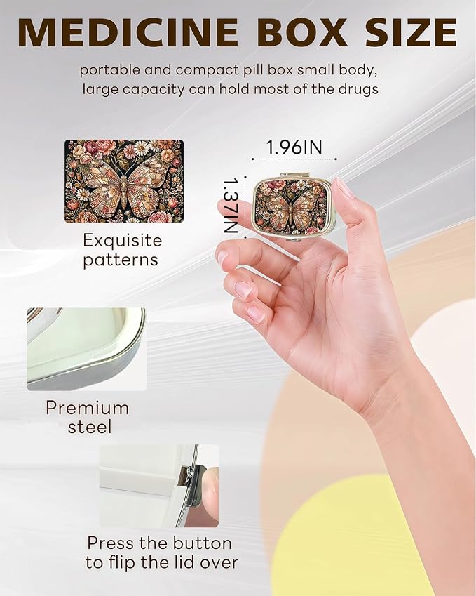 LRITER Pill Case, 2 Compartment Portable Small Travel Pill Organizer for Purse and Pocket, Stylish Medicine Case with Multiple Patterns, Daily Pillbox for Home & Travel (Butterfly)