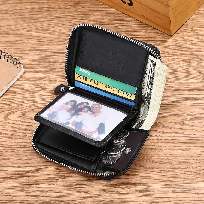 Wallets For Men Genuine Leather Short RFID Blocking Zip-around Bifold Wallet(Black)