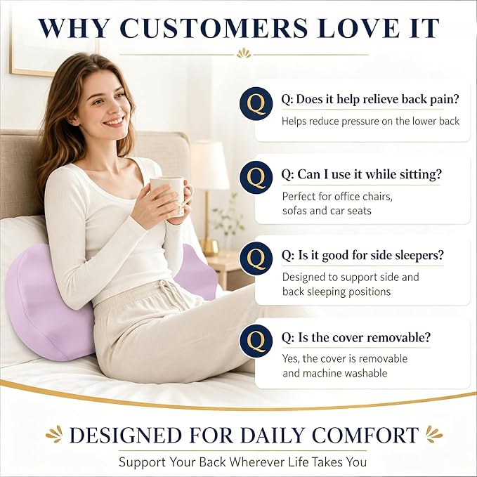 Fledano Lumbar Support Pillow for Bed – Floor Pillows & Cushions - Memory Foam Lower Back Pain Relief Pillow for Sleeping, Ergonomic Lumbar Pillow for Side & Back Sleepers, Sciatica & Hip Pain Relief
