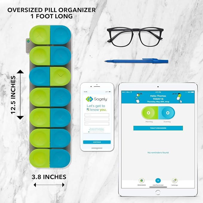 Sagely XL Pill Organizer, Durable Medicine Box, Magnetic Daily Removable Pods, Easy-to-Use, Spill-Proof, Large Enough to Fit Fish Oil, Cod Liver Oil, Supplements & Vitamins (Mint Blue/Coral)