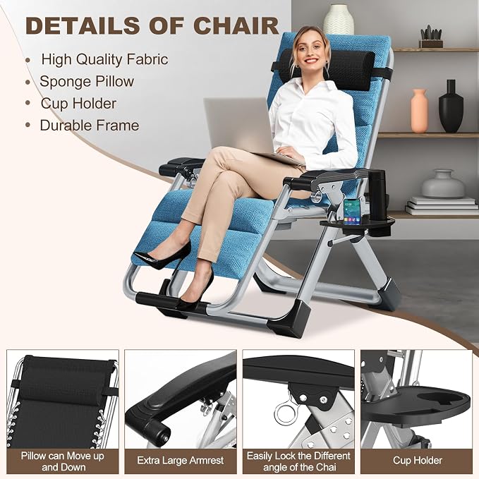 Comfy Folding Recliner Chair -Bedroom Living Room Chairs | Patio Lounge Chair with Removable Cushion for Indoor Outdoor