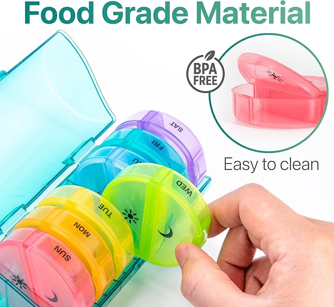 Sukuos Large Weekly Pill Organizer 2 Times a Day, Daily Pill Box 7 Day Easy to Open with Double Protection, AM PM Pill Case for Medicine/Vitamin/Fish Oil/Supplements (Cyan)