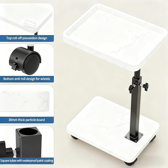 C Table End Table Adjustable Height, 360°Swivel TV Tray Table for Small Spaces, Side Tables with Wheels for Living Room and Bedroom, Bed (White)