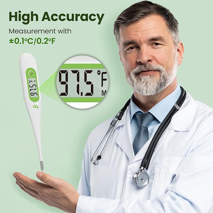 Femometer Digital Thermometer for Adults and Kids, Green | Fever Alert, Memory Recall, C/F Switchable, for Oral, Rectal or Under Arm Use