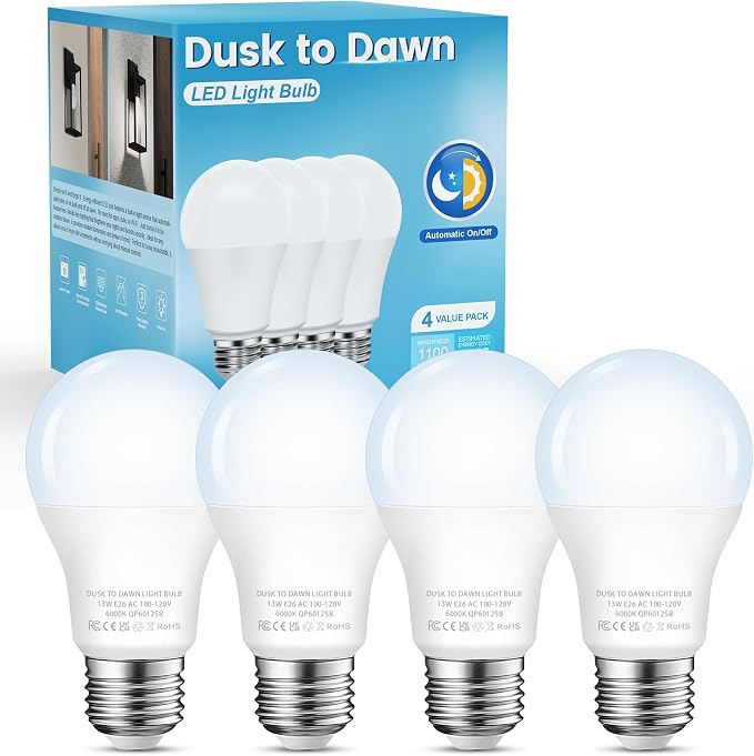 4 Pack Dusk to Dawn Light Bulbs Outdoor 100W Equivalent, Automatic On/Off Sensor LED Light Bulb, 13W Daylight 6000K, 1100 Lumen, A19 E26 Bulbs Photocell for Wall lamp Porch Garage Yard Light