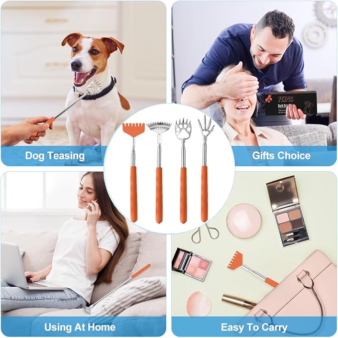 4 Pack Different Style Back Scratcher Metal Portable Telescoping Back scratchers, Extendable Back Massager Tool with Beautiful Box, Stocking Stuffers Gift for Men Women(Orange)