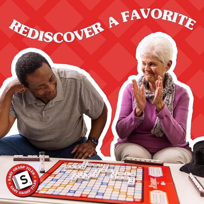 JOY FOR ALL Games - Scrabble Bingo 3-in-1 Word Games - Classic, Bingo, & Pass - New Easy to Grasp Tiles & Racks - Fun Family Board Game for Seniors, Kids, Teens, and Adults
