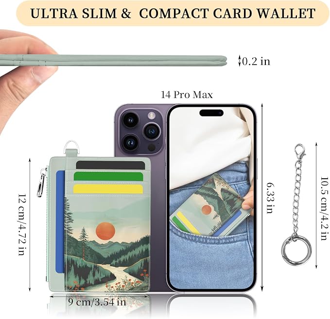 Hancynir Mountain Sunrise Small Wallet Women Credit Card Holder Slim RFID | Zipper Keychain Wallet, Travel Coin Front Pocket, Ladies Women Gifts, Thin Minimalist Card Case, 6 Card Slots, PU Leather