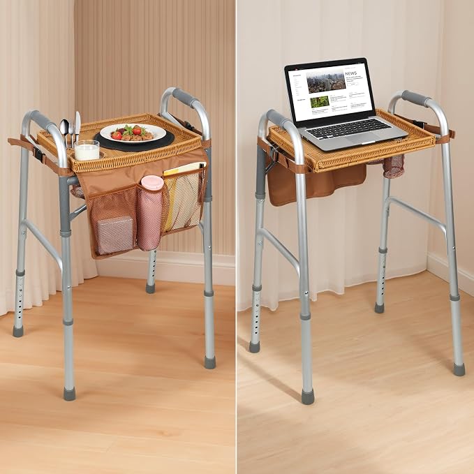 Walker Tray for Folding Walker, Handmade Rattan Trays for Walkers for Seniors Detachable with Cup Holder,Walker Trays for Rolling Folding Walker,Walker Accessories for Elderly