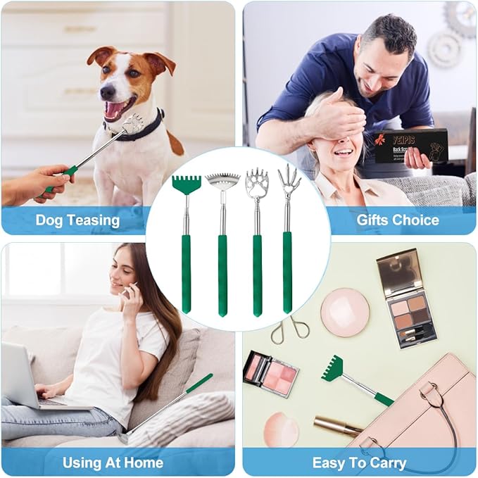 4PCS Different Back Scratcher Metal Portable Telescoping Back scratchers with Rubber Handles, Extendable Back Massager Tool, Great Gift for Men Women Kids Adults(Green)