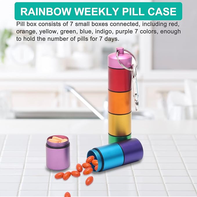 Small Portable Pill Case Keychain for Travel, AngleKai 2 Pack Pill Organizer Box, Waterproof Tablet Container Weekly Medicine Bottle Organizer (Rainbow)