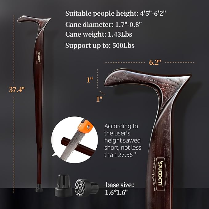 Wooden Walking Cane for Men and Women -Natural Solid Wood, 3 Rubber Tips, Heavy Duty, with Travel Bag- Wooden Walking Stick, Ergonomic Canes for Seniors Unisex Walking Canes