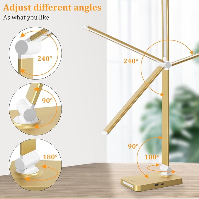 LED Desk Lamp with USB Ports,Touch Desk Lamps for Home Office with 5 Modes | 3 Brightness Desk Light with Small Night Light,Reading Lamp Table Lamp for Bedroom Bedside Study Gold (with adapter)