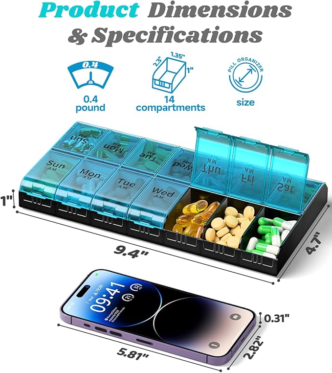 7 Day Extra Large Pill Organizer 2 Times a Day, Weekly Pill Box Twice a Day, XL AM PM Pill Case, Oversized Daily Medicine Organizer for Vitamin, Big Pill Container (Cyan)