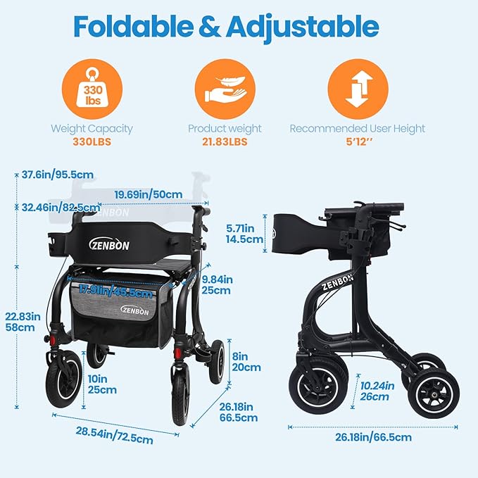 Rollator Walker for Seniors/Adults Foldable Rolling Walker with Seat 330 lbs Capacity 10 inch Wheels Hand Grips Adjustable Height Lightweight Durable Aluminum Walker Removable Back Support (Black)