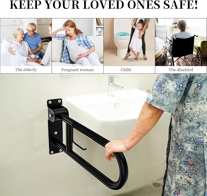 Toilet Grab Bar 22.4 Inch, YuanDe Flip Up Grab Bar with Paper Holder, Matte Black Anti-Slip Safety Bars for Toilet, Stainless Steel Knurled Toilet Handles for Seniors Disabled Elderly Pregnant