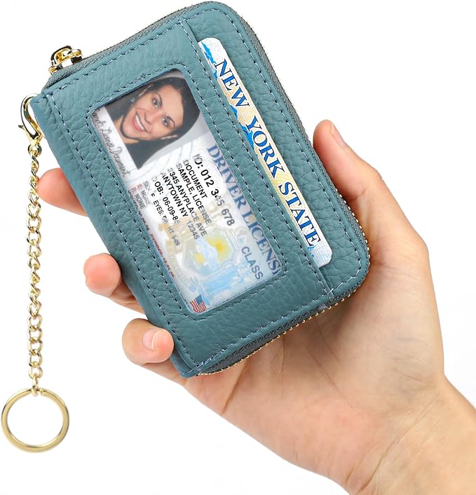 imeetu RFID Credit Card Holder, Small Card Wallet Women, Leather Card Case | Genuine Leather Women's Card & id Cases, Change Coin Purse with Zipper Keychain id Window, 20 Colors & 3 Styles, Daily, Gifts