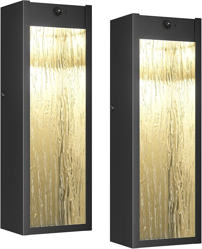 2 Pack LED Outdoor Wall Light 15in Dusk to Dawn Black Porch Light | Motion Sensor, 3 Lighting Modes, Water Ripple, Exterior Lighting Fixtures, Outside Lights Anti-rust for House Garage
