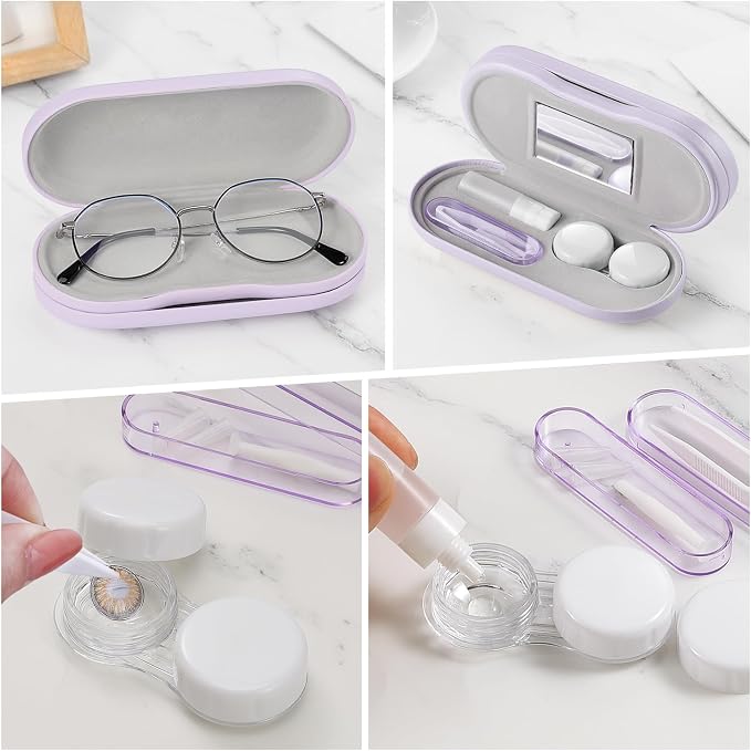 MoKo Double Eyeglass Case, Contact Lens Case with Mirror Tweezers Remover, 2 in 1 Double Sided Portable Contact Lens Box Holder Container Soak Storage Kit Sunglasses Pouch for Men & Women, Lilac