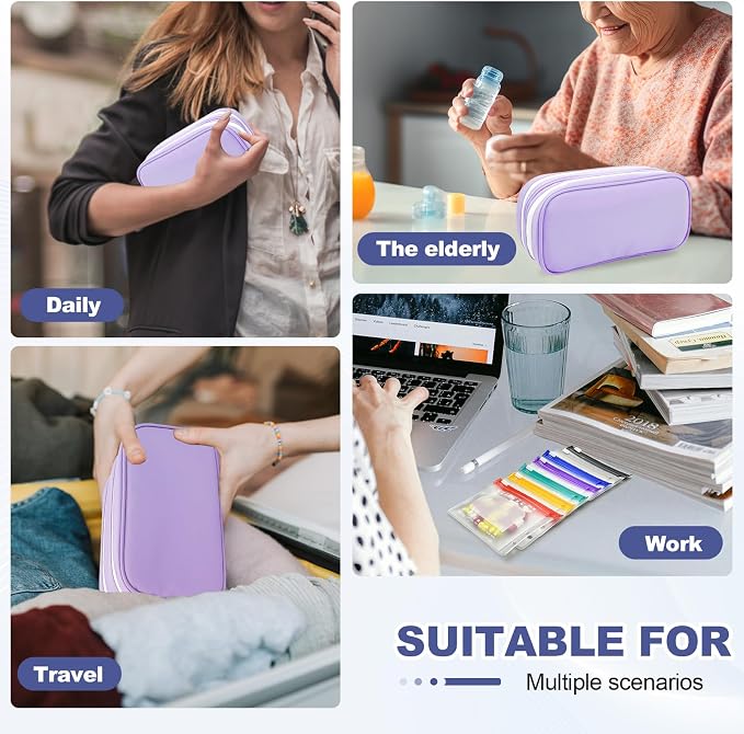 Timueetech XXL A6 Pill Organizer, 28 BPA-Free Medication Pouches for A6 Binders, Large Monthly Waterproof Storage System with Double-Compartment Travel Case, Purple