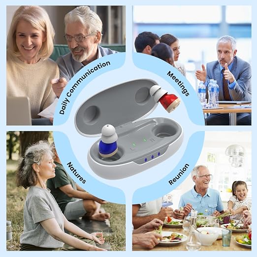 Saban OTC Digital Hearing Aids,Nearly Invisible Hearing Amplifiers | Rechargeable, with Noise Cancelling, for Hearing Loss, Red & Blue