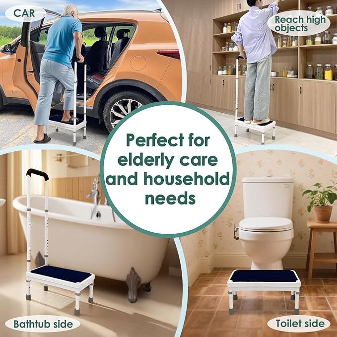 Medical Step Stool with Handle for Elderly Bed Side Stools for High Beds Adult Seniors Safety Bedside Steps Adjustable Heavy Duty Stepping Stool Metal Platform RV Bathtub Car Bedroom Assist (17.8")