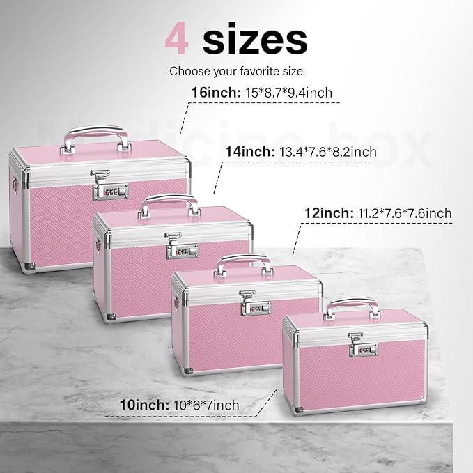 Medicine Lock Box with Combination Lock - 10 x 6 x 6.7 Inches - First Aid Safe Medication Storage Box, Personal Items Safe Case for Home and Outdoor - Pink 【No Strap】