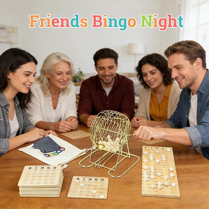 Deluxe Wooden Bingo Game Set with Large Metal Bingo Cage, 25 Reusable Bingo Cards, 75 Wooden Bingo Balls & Number Board, 700 Chips – Bingo Game for Adults, Family Game Night & Large Groups