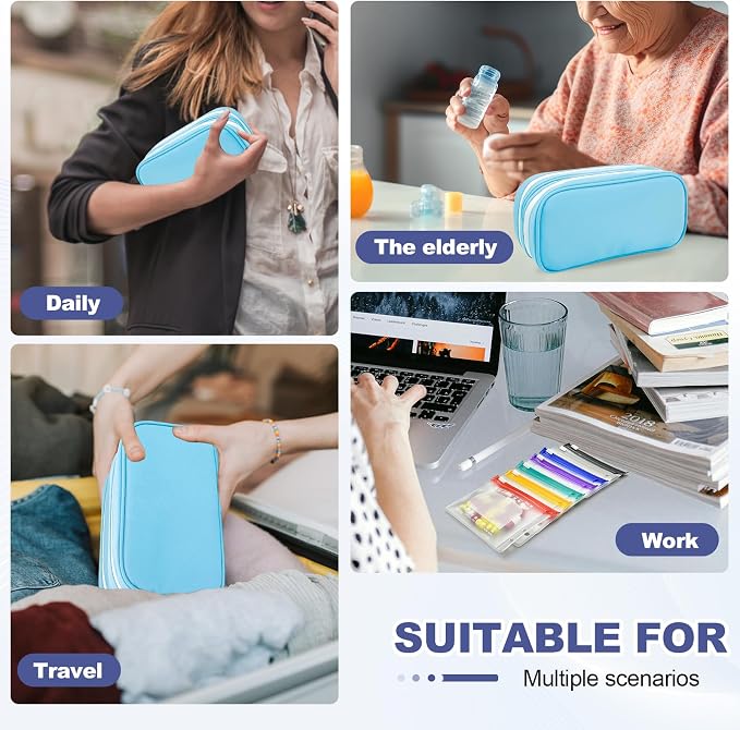 Timueetech XXL A6 Pill Organizer, 28 BPA-Free Medication Pouches for A6 Binders, Large Monthly Waterproof Storage System with Double-Compartment Travel Case, Blue
