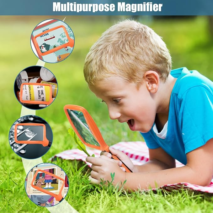 Folding Handheld Magnifying Glass with Light, 5X Large Rectangle Reading Magnifier with Dimmable LED for Seniors with Macular Degeneration, Newspaper, Book, Small Print, Lighted for Low Visions Orange