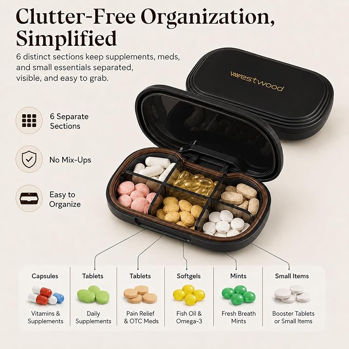 HyJeryty 6-Compartment Pill Organizer - Small Compact Travel Pill Case for Vitamins, Medication and Supplements - Portable Black Medicine Pill Box with Stylish Design