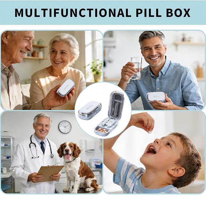 Pill Cutter Splitter for Small and Tiny Pills - Adjustable Pill Splitter with Centering Device for Cutting Multiple Pills, Accurate Alignment and Easy to Use, Storage Organizer (Blue)