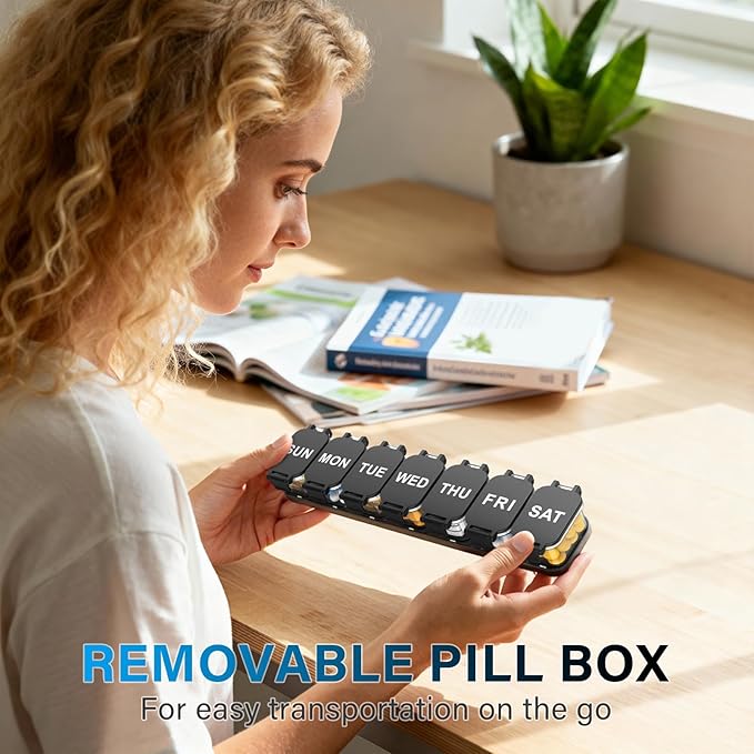 Extra Large Weekly Pill Organizer 7 Day - Portable Daily Pill Box with 7 Detachable Compartments, Vitamin Holder and Medicine Organizer for Supplements, Home and Travel, Black