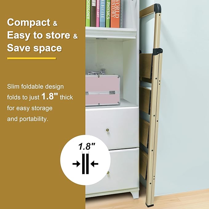 Step Ladders Folding 4-Step Champagne Gold Finish Aluminum Foldable Step Stool,Anti-Slip Portable Sturdy for Home & Kitchen Office 330 lbs