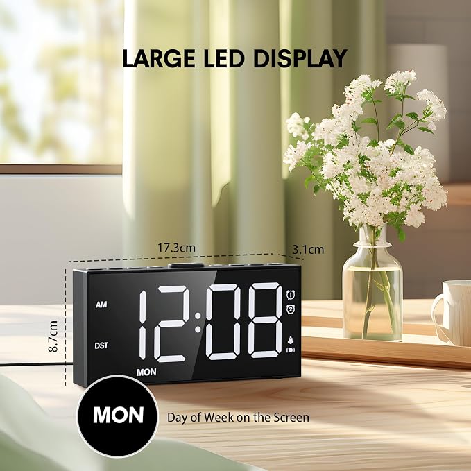 Mesqool Loud Alarm Clock with Bed Shaker & Dual Alarms, USB Port | Extra loud Vibration Alarm Designed for Heavy Sleepers & Hearing Impaired. 5-level Dimmer, Battery Backup, Snooze & DST