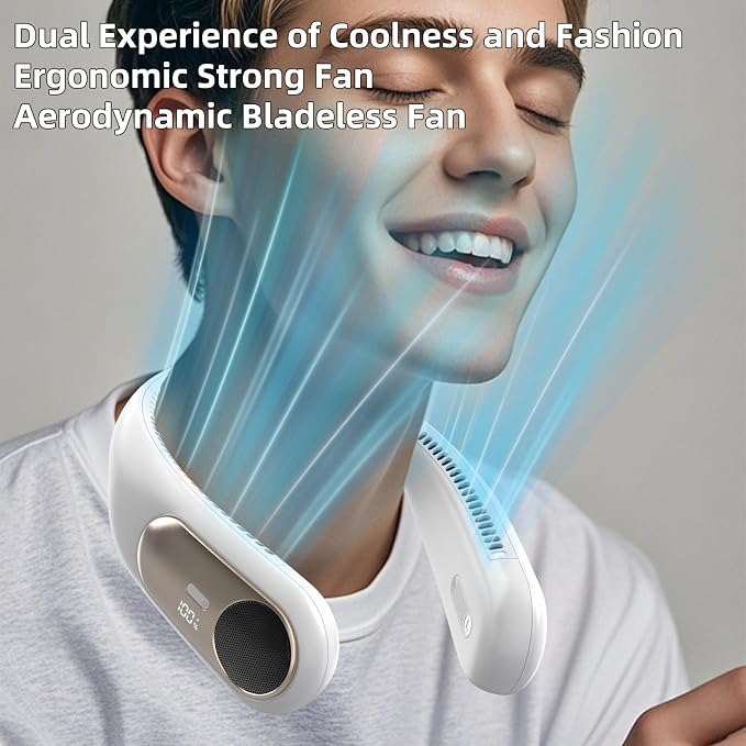 Portable Neck Fan, Personal Wearable Bladeless Fan for Outdoor Indoor, LED Display, 360° Cooling, 4-Speeds, 6000mAh USB Rechargeable, Birthday Gifts for Men Women Dad Mom (White)