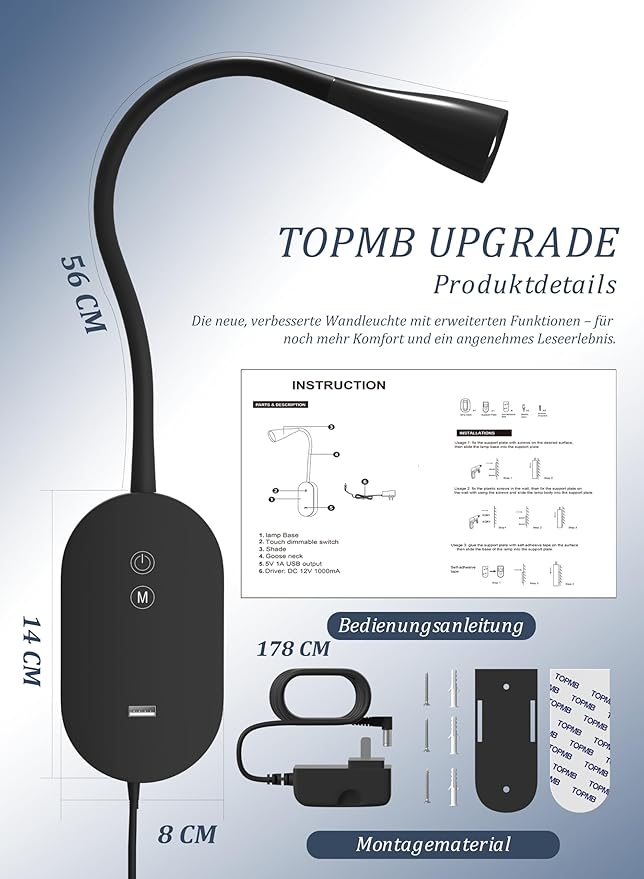 Wall Reading Light for Bed – 4 Color Modes, 5‑Level Dimmable Reading Lamp, CRI 95+ Natural Sunlight, USB Output Charge & Auto Memory Black