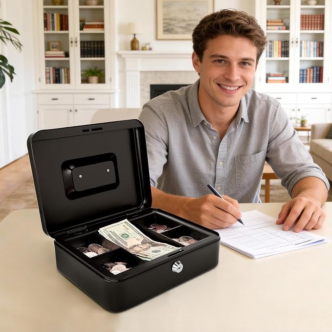 Jssmst Cash Box with Key Lock, Money Box with Cash Tray, Lock Box, Black, Large
