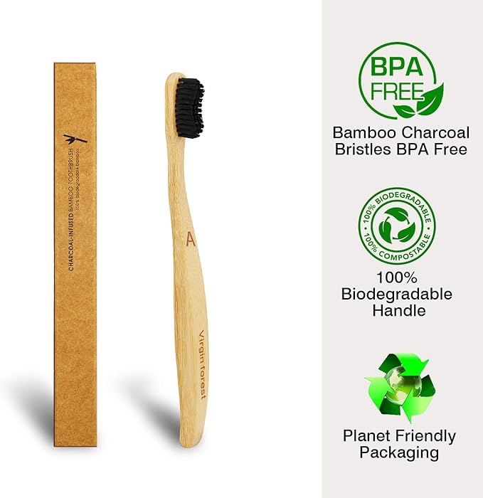 Virgin Forest Bamboo Toothbrush, Natural Eco Friendly Biodegradable Charcoal Tooth Brushes, Pack of 6