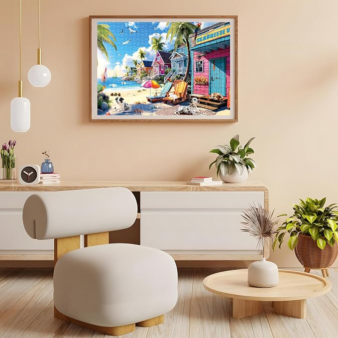 300 Piece Puzzles for Adults, 300 Piece Puzzles for Adults Large Piece, Summer Beach Dogs Trees Jigsaw Puzzle, Funny Gift for Adult Kids Senior Challenging Family Games Toy, 20.5 X 15 in