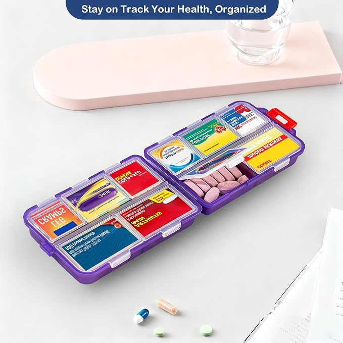 Extra Large Pill Organizer with 161 Medicine Labels, Travel Pill Case | Purple Extra large case with 10 compartments for 7-day pill planning, vitamins, supplements, and travel
