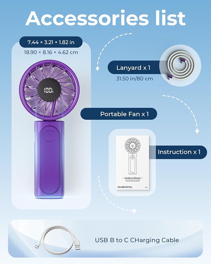 Peiyuu Portable Handheld Fan, 4000mAh, USB Rechargeable 180° Foldable Mini Desk Fan, 6 Wind Speed, LCD Digital Display, Lanyard as Neck Fan, Ultra Quiet, Pocket Size for Indoor Outdoor