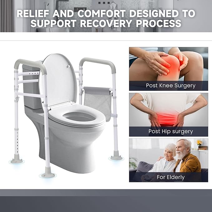 Toilet Safety Rails-Adjustable Toilet Safety Frame, FoldableTtoilet Support Rails with Handles, Heavy Duty Toilet Handles for Elderly, Seniors, Handicap & Disabled-Fits Most Toilets