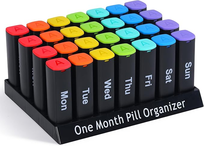 Monthly Pill Organizer 2 Times a Day - 28 Day Pill Box AM PM, Daily Medicine Organizer for Vitamins, Supplements, Medications - Large Travel-Friendly 4 Week Pill Case for Home & Travel, Black