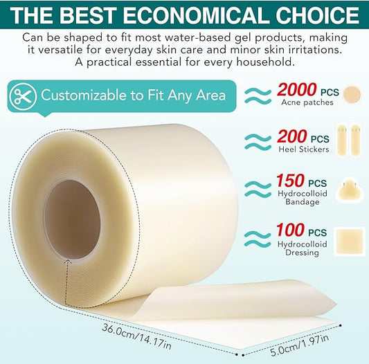 Hydrocolloid Roll for Wound Care - Cut-to-Size, Large Waterproof Hydrocolloid Patch Bandages with Self-Adhesive, Flexible & Ultra Absorbent, First Aid Kit Essential (2in x 11.8ft)