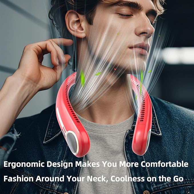 Portable Neck Fan, Personal Wearable Bladeless Fan, 6000mAh USB Rechargeable, 360° Airflow, LED Display, 4-Speeds, Hands Free Fan for Outdoor Indoor, Birthday Gifts for Men Women Dad Mom (Red)